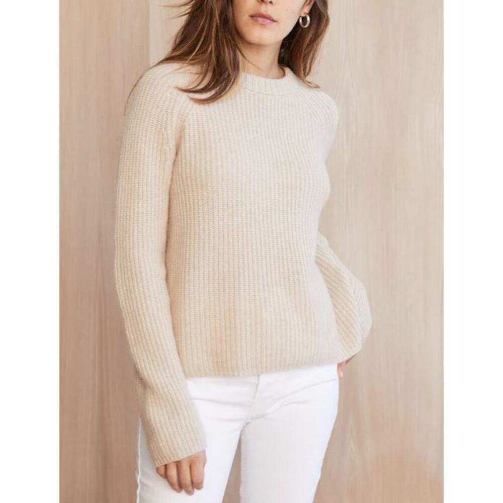 Jenni Kayne Cream Ribbed Crewneck Sweater 100% Cashmere